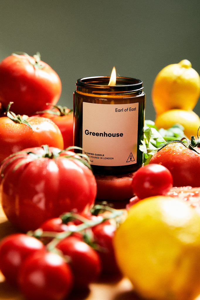 Greenhouse Soy Candle in the kitchen surrounded by tomatoes and lemons