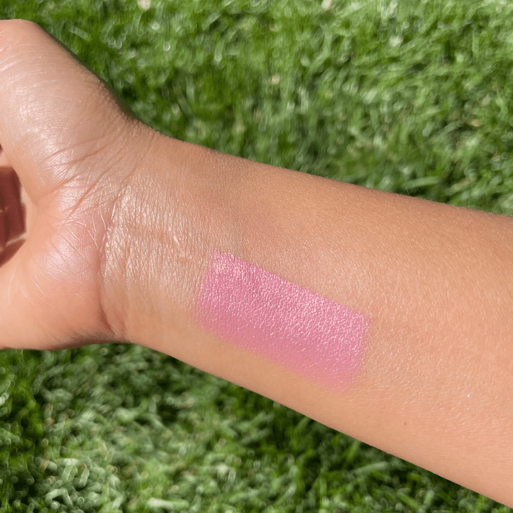 color swatch of Sorbet Lip-to-Lid Balmie on medium skin tone