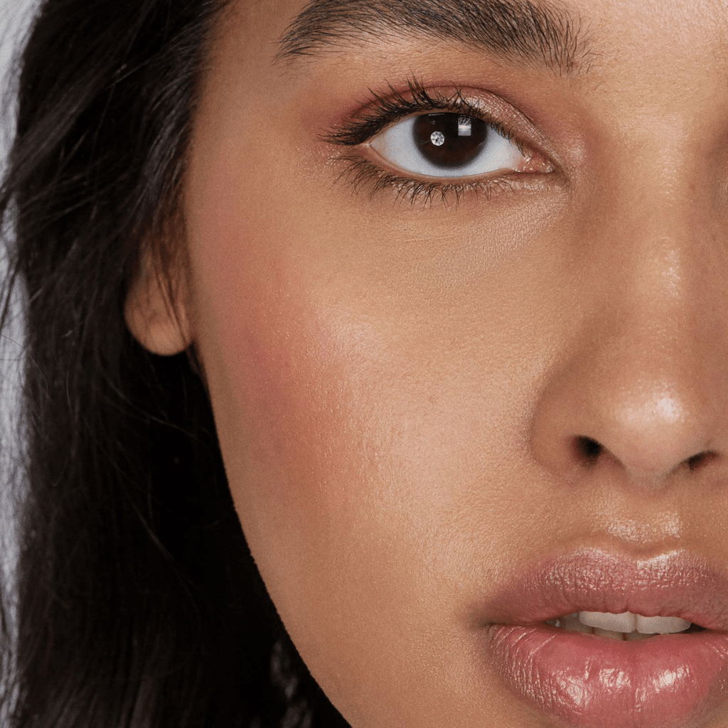 woman with medium skin tone wearing Rose Lip-to-Lid Balmie