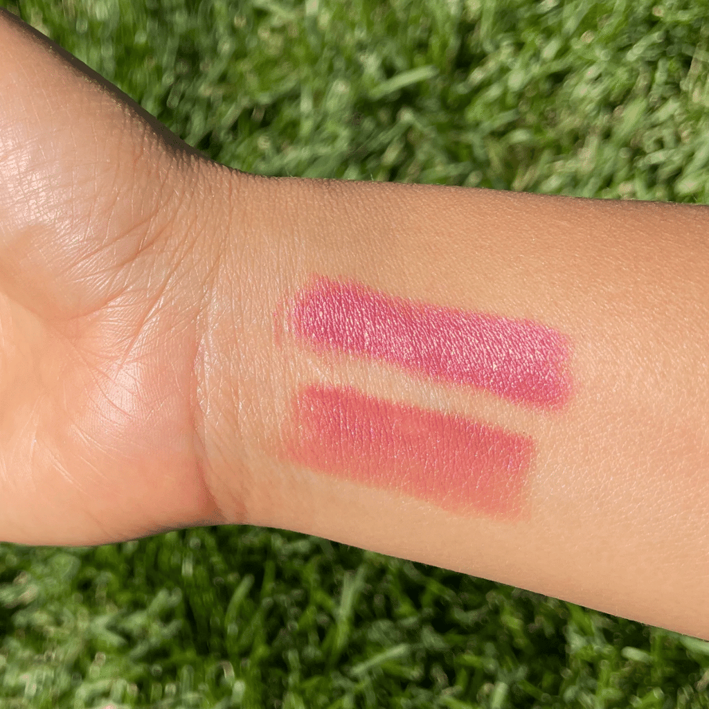 color swatches of Nude Plum + Rose Lip-to-Lid Balmies on arm