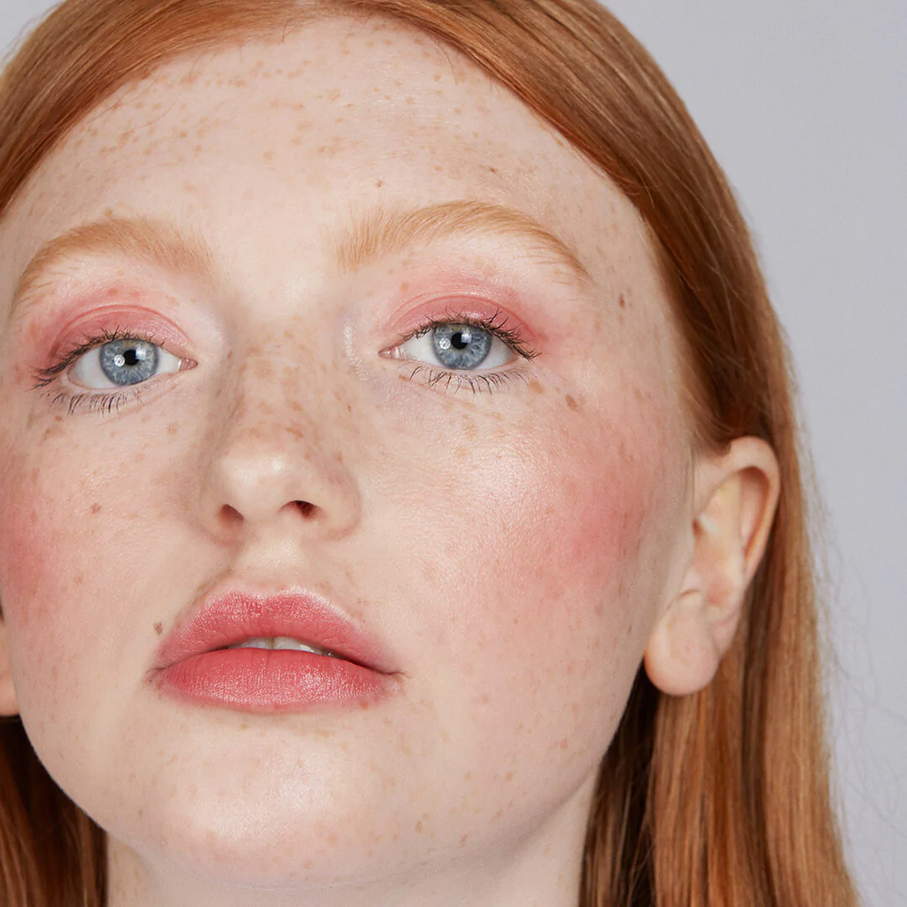 woman with fair skin tone wearing Watermelon Lip-to-Lid Balmie