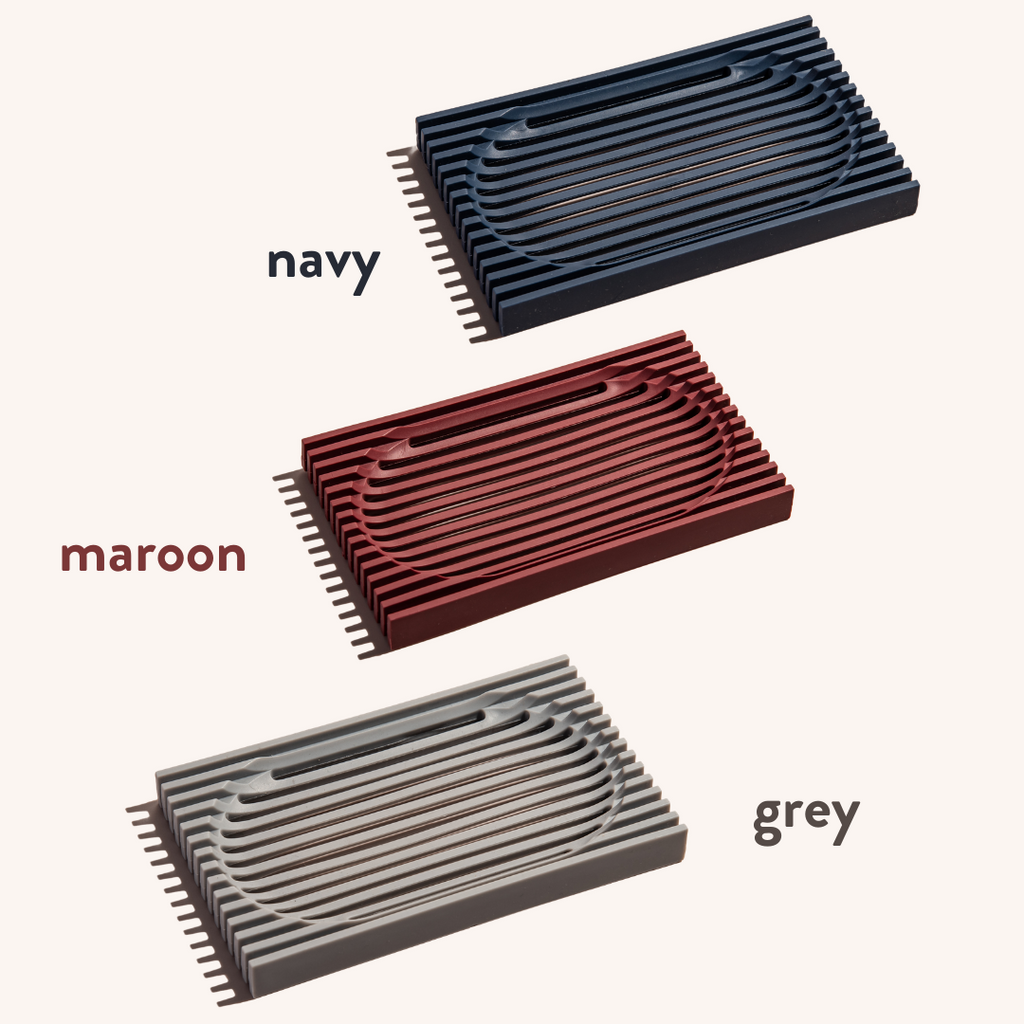 soap dishes in navy, maroon and grey