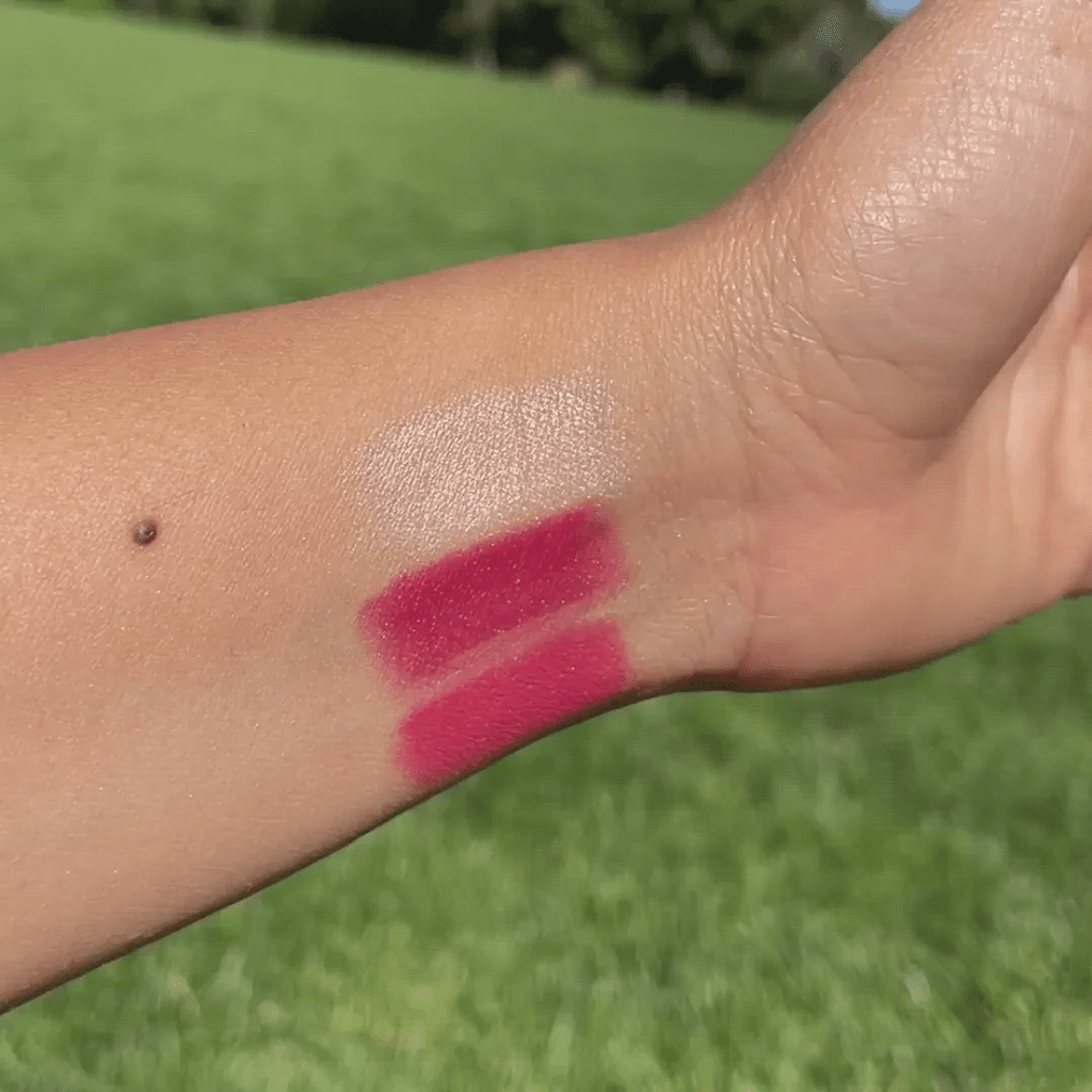 color swatches of Out of Office Lip-to-Lid Balmies on wrist