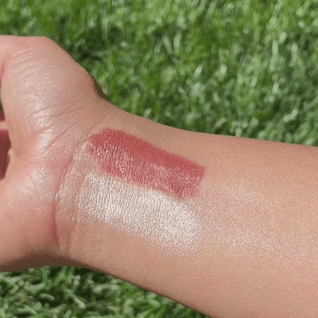 swatches of Cinnamon + Champagne Lip-to-Lid Balmie on wrist