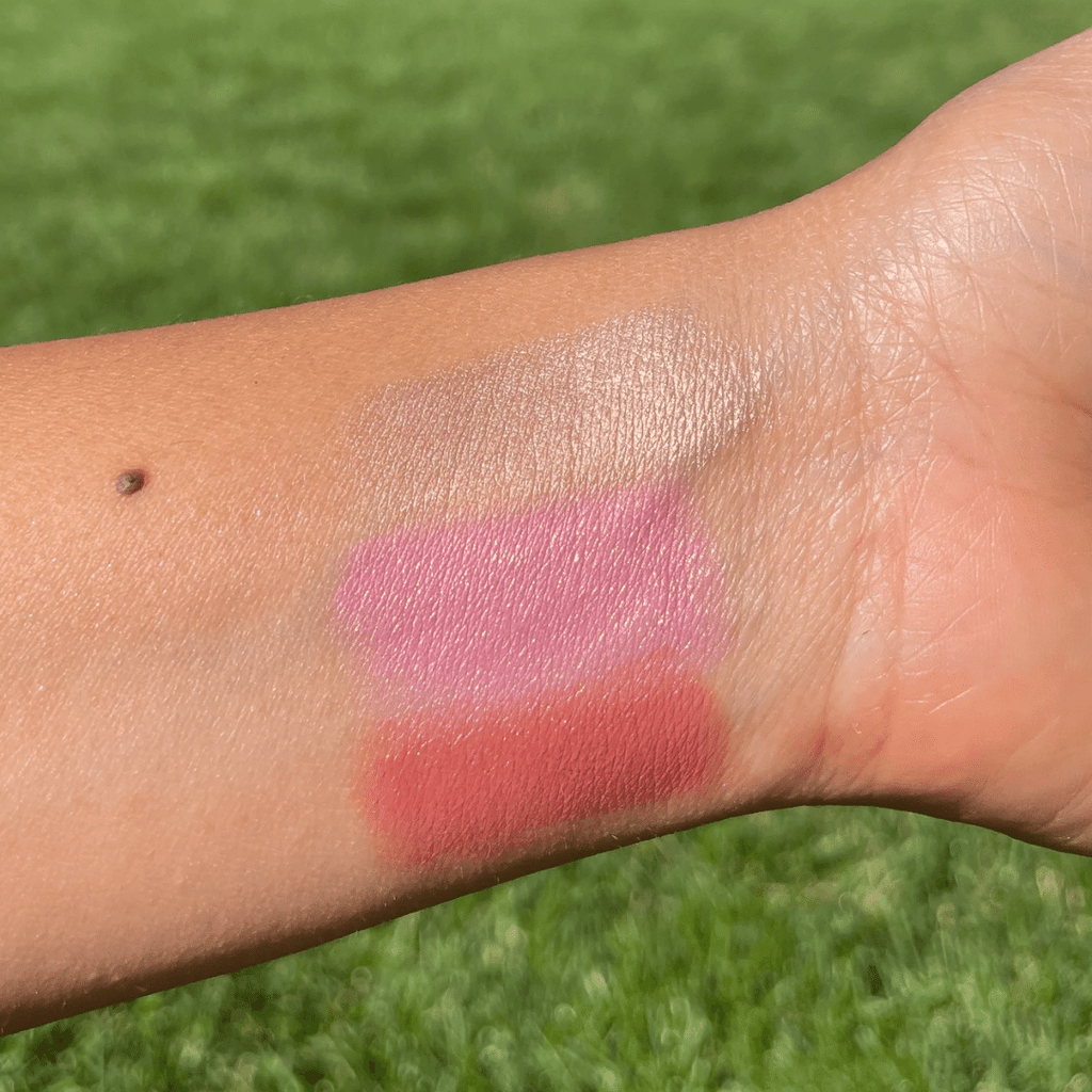 Cotton Candy Skies Lip-to-Lid Balmies color swatches on wrist