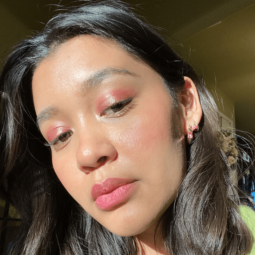 Nude Plum + Rose Lip-to-Lid Balmie on eyes and lips