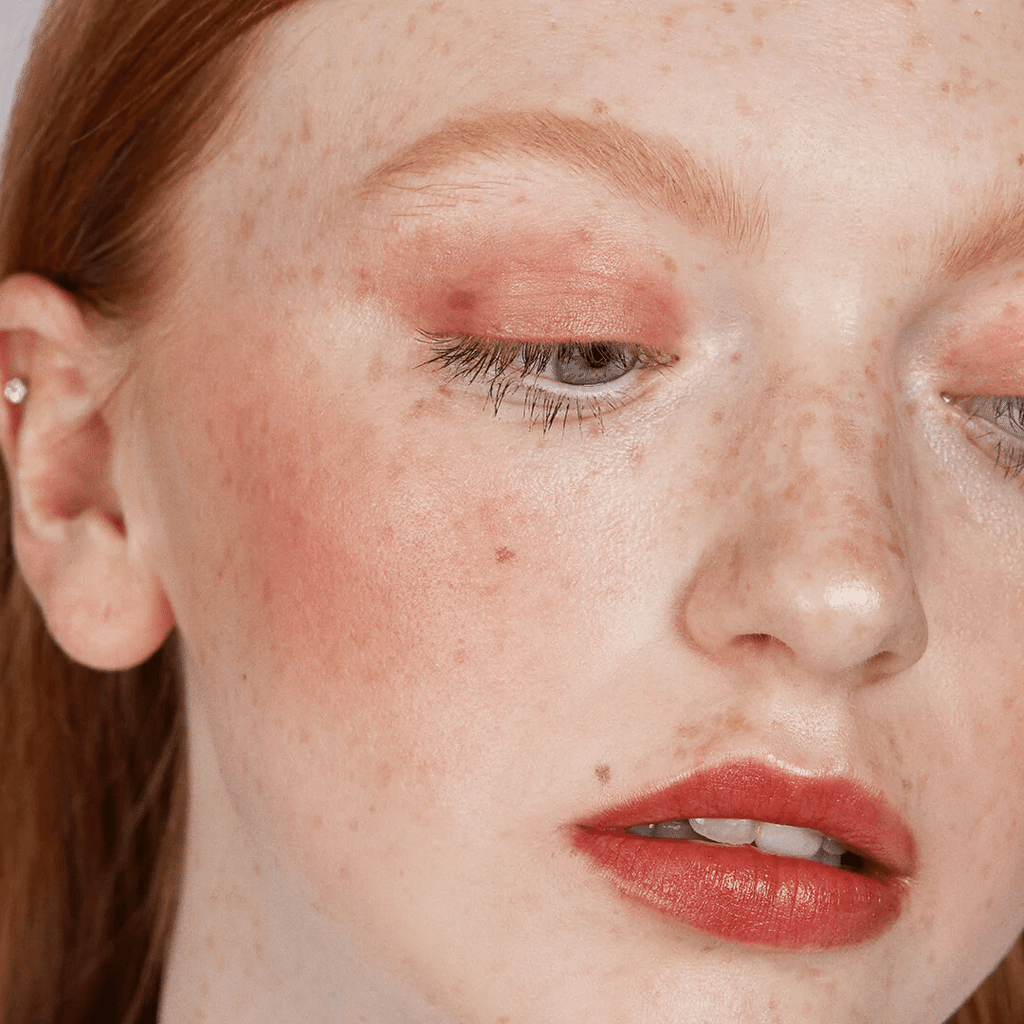 woman with fair skin wearing Cherry Lip-to-Lid Balmie