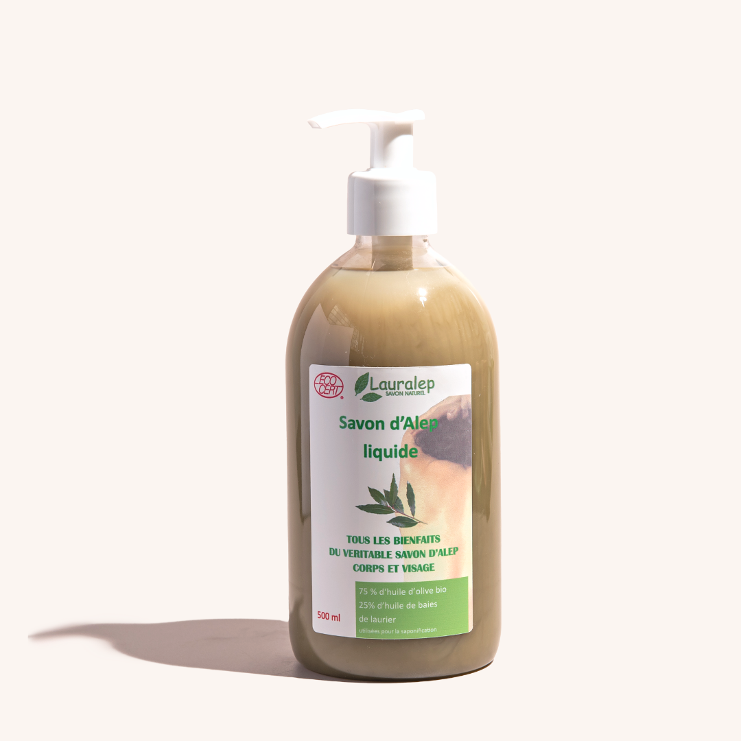 bottle of Organic Aleppo Liquid Soap with 25% Laurel